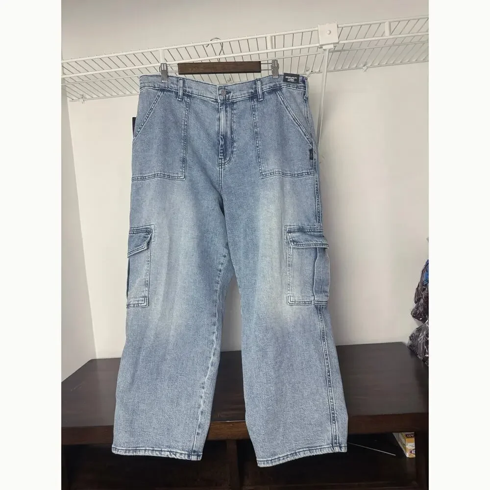 Silver Jeans Co. Denim Utility Cargo Jeans Mid Rise Straight Leg size 14W